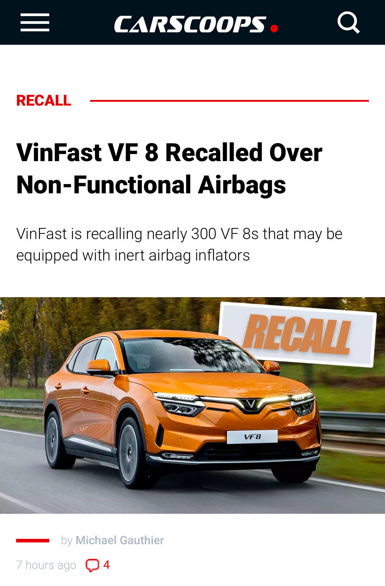 越南名车VinFast在美国召回284台VF8，理由简单粗暴：安全气囊不好使。为