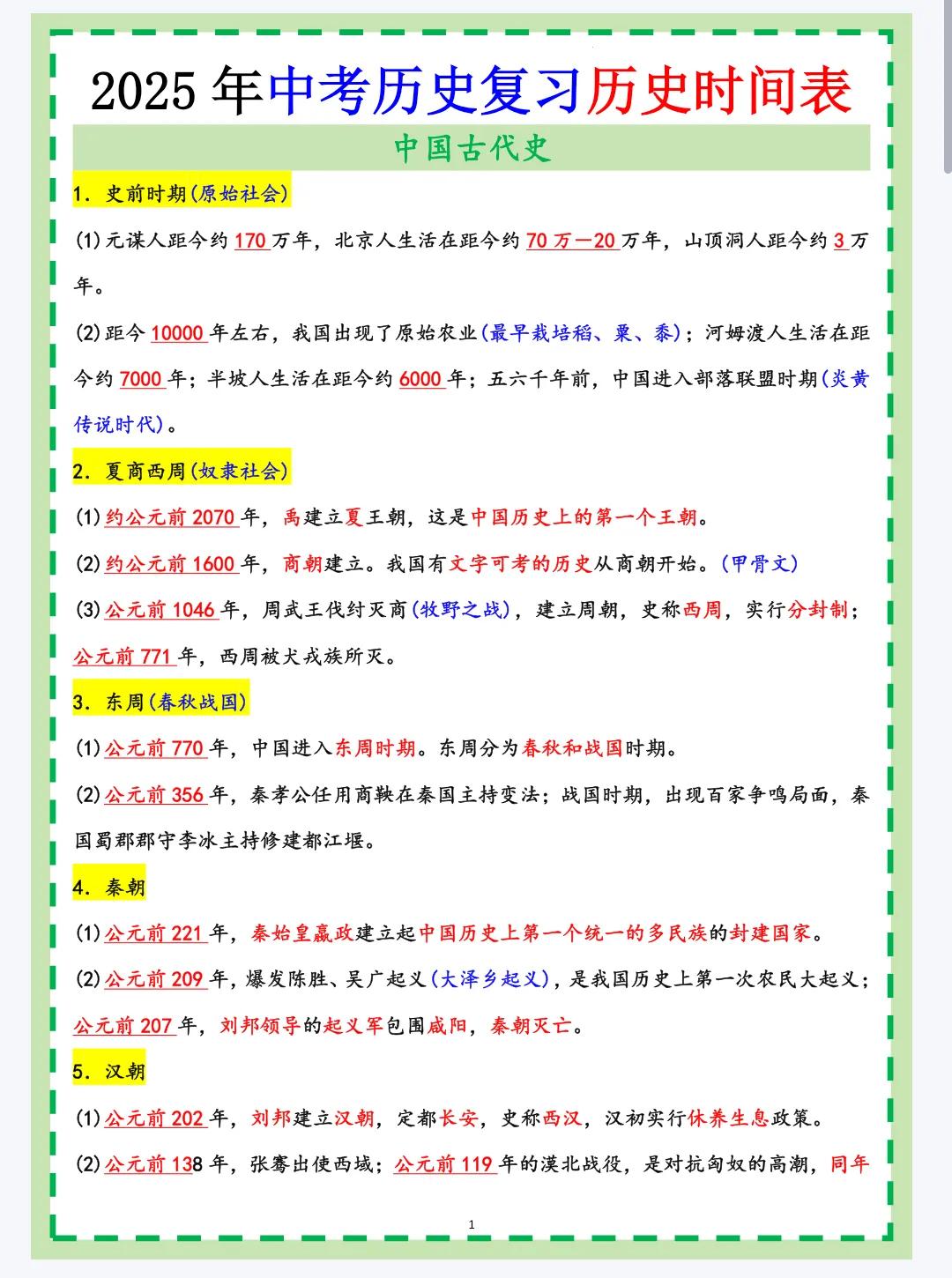 2025年中考历史复习历史时间表