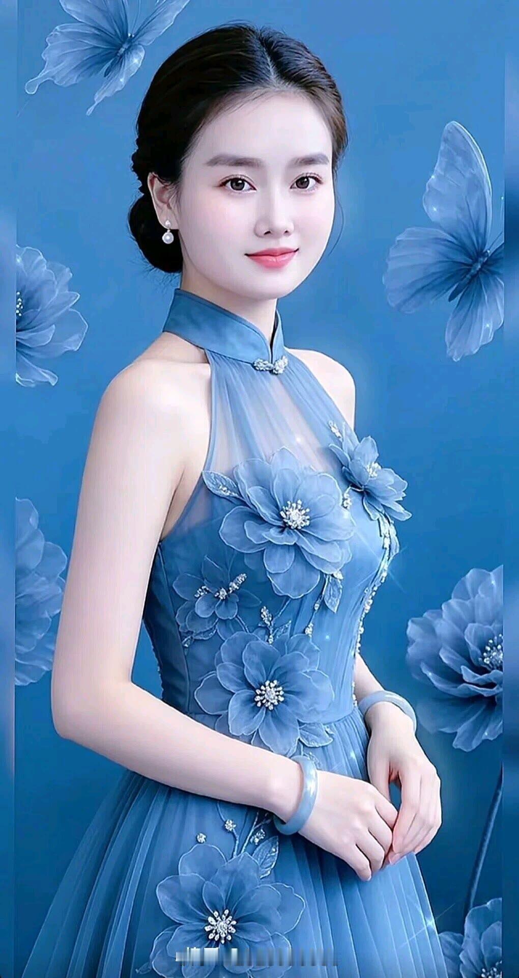蓝衣美人，花间笑语。