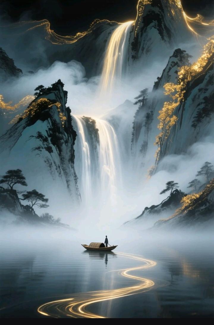 深黑底色衬着层叠的青灰山峦，鎏金纹路如星芒般勾勒山岩轮廓与枝叶，飞瀑自峰巅奔涌而