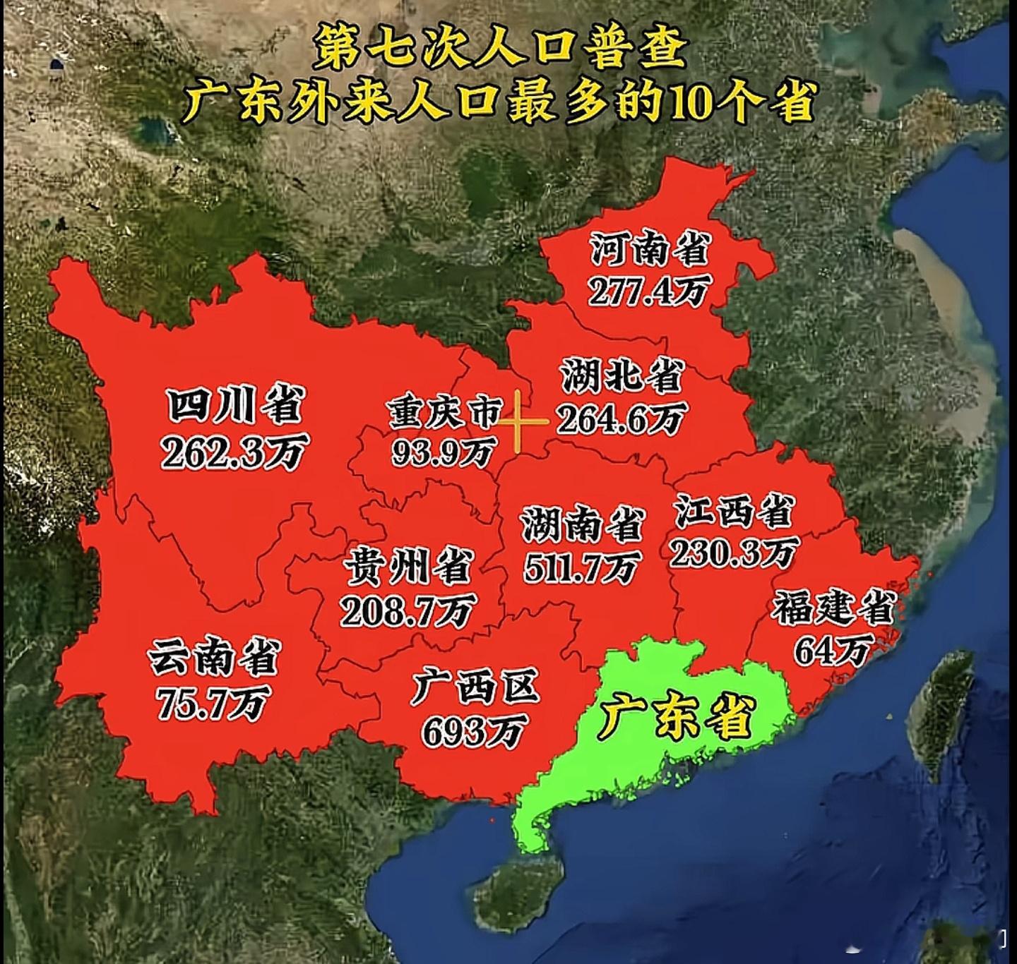 七普数据，广东外来人口最多的十个省市区。 ​​​