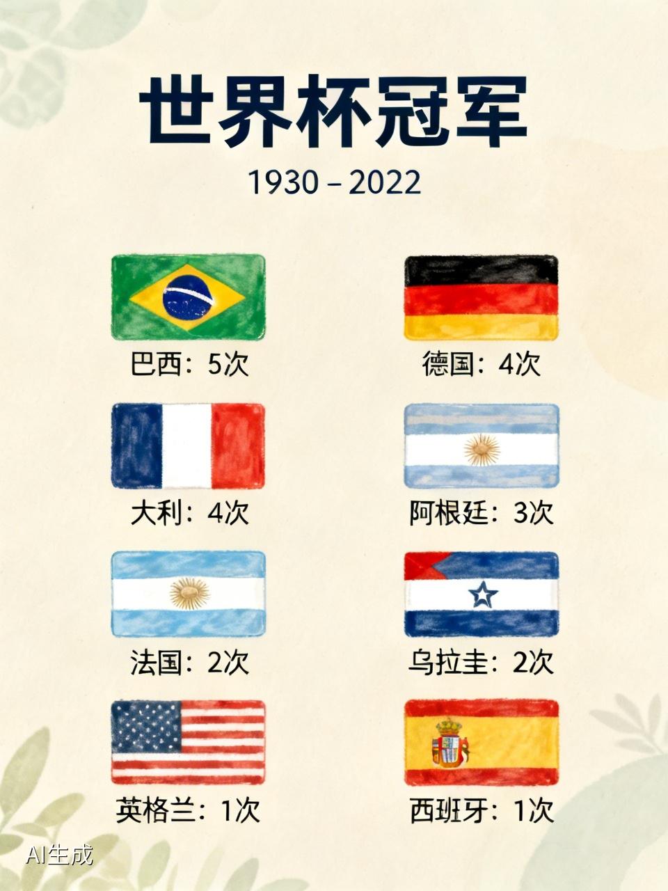 世界杯快100年历史了，
仅有8个国家拿过冠军：
巴西：5次
德国：4次
意大利