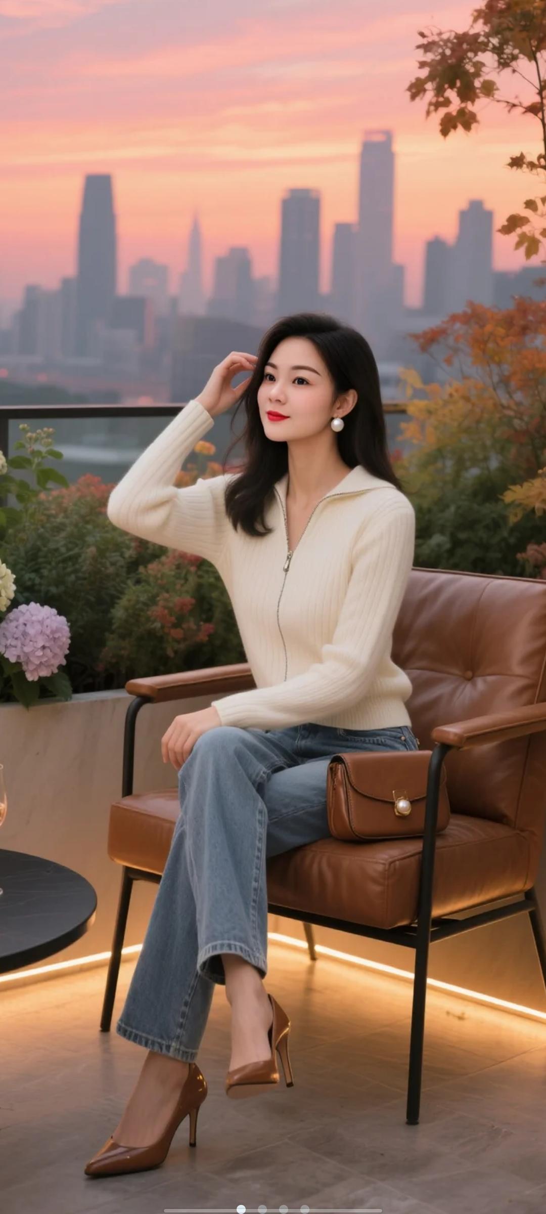 都市露台晚望
粉云漫卷染楼群，
翠叶轻摇伴丽人。
浅酌香醪风渐暖，
一城暮色入眉