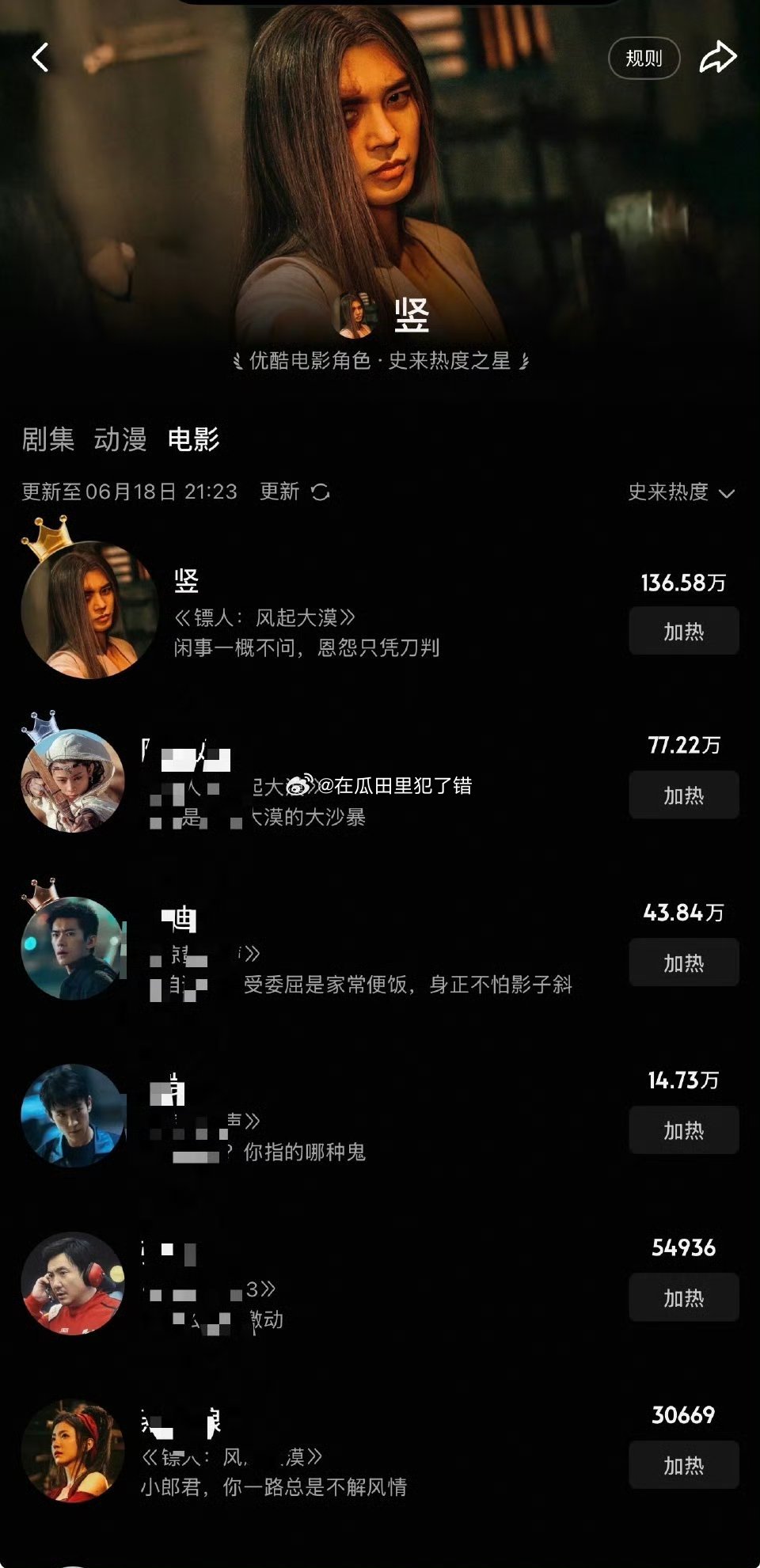 于适竖于适饰演的【竖】登顶优酷电影角色历史热度榜第一☝🏻并且是站内首个热度破百