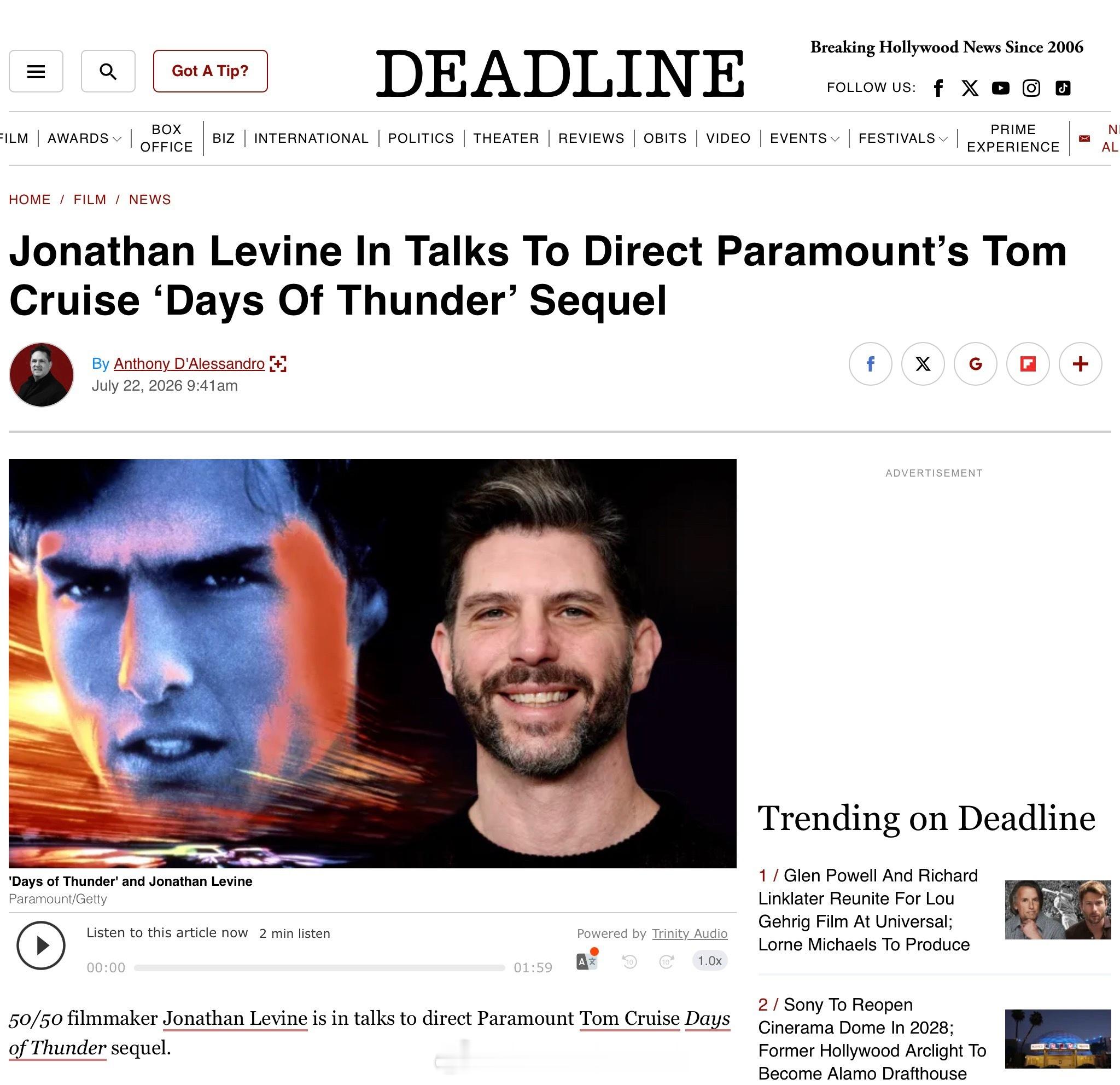汤姆克鲁斯Tom Cruise 好消息不断！导演Jonathan Levine有