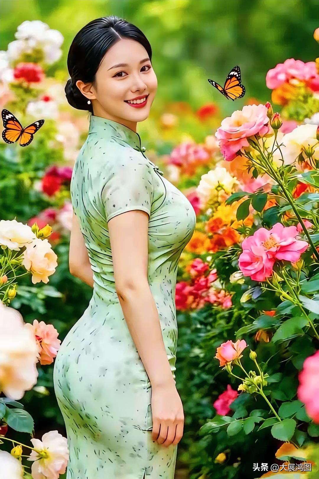 花海旗袍美人
花海缤纷映丽容，
旗袍曼妙韵无穷。
香姿袅袅花间立，
恰似天仙下碧