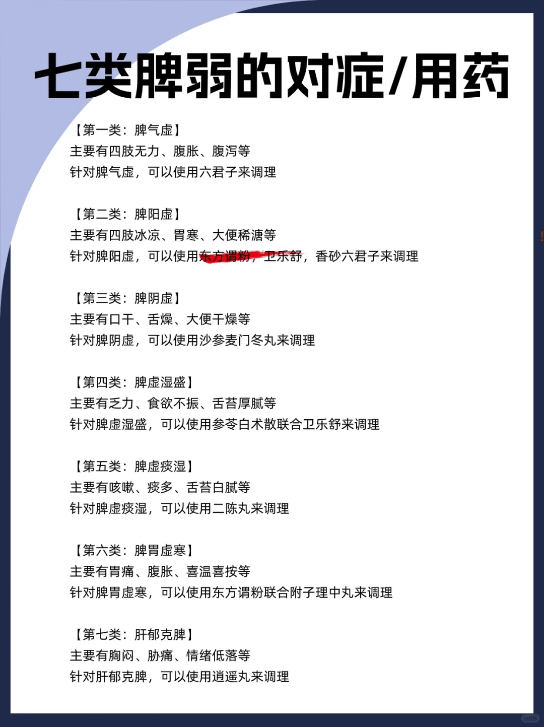 七类脾弱的对症/用药