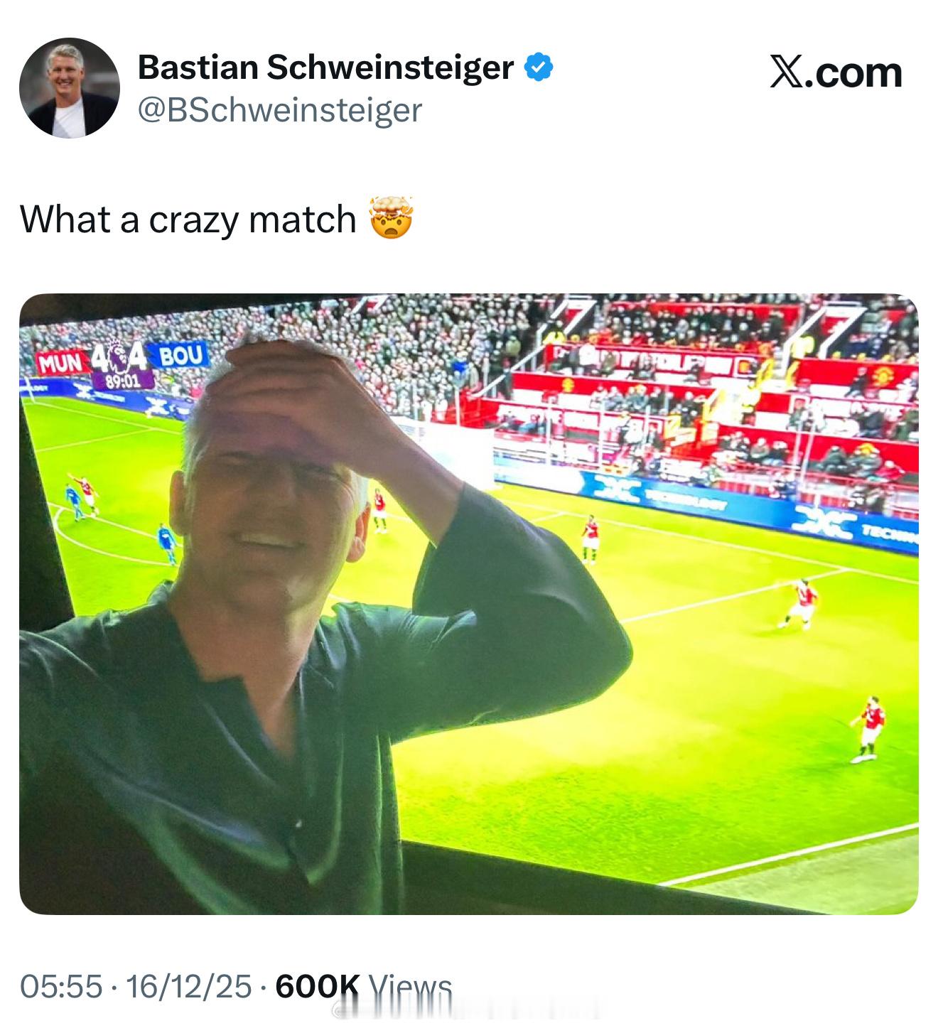 小猪施魏因施泰格看了曼联4-4樱桃的比赛直播：疯狂的比赛