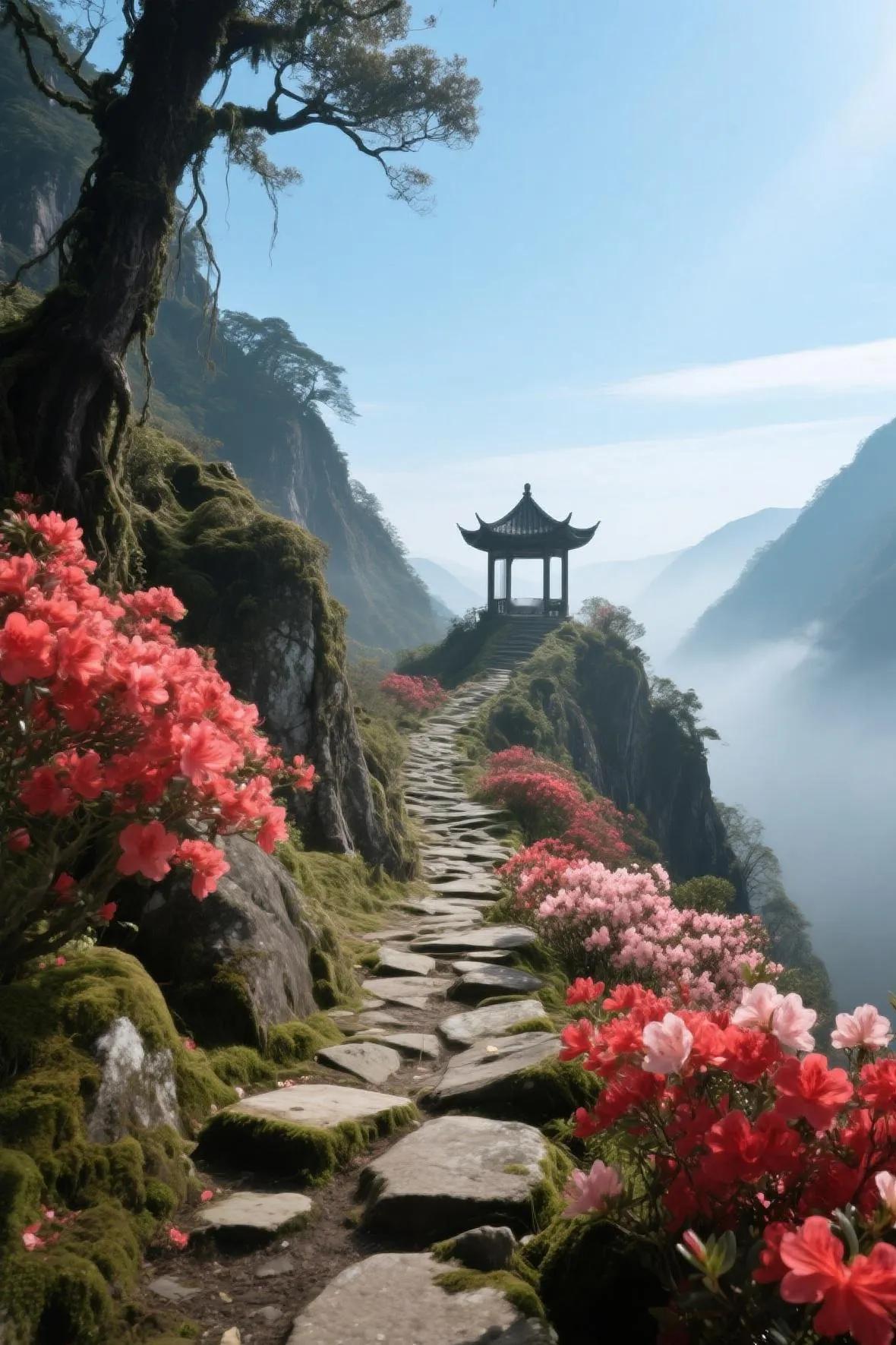 仙境般的石阶小径，花海与古亭相映成趣，美不胜收！