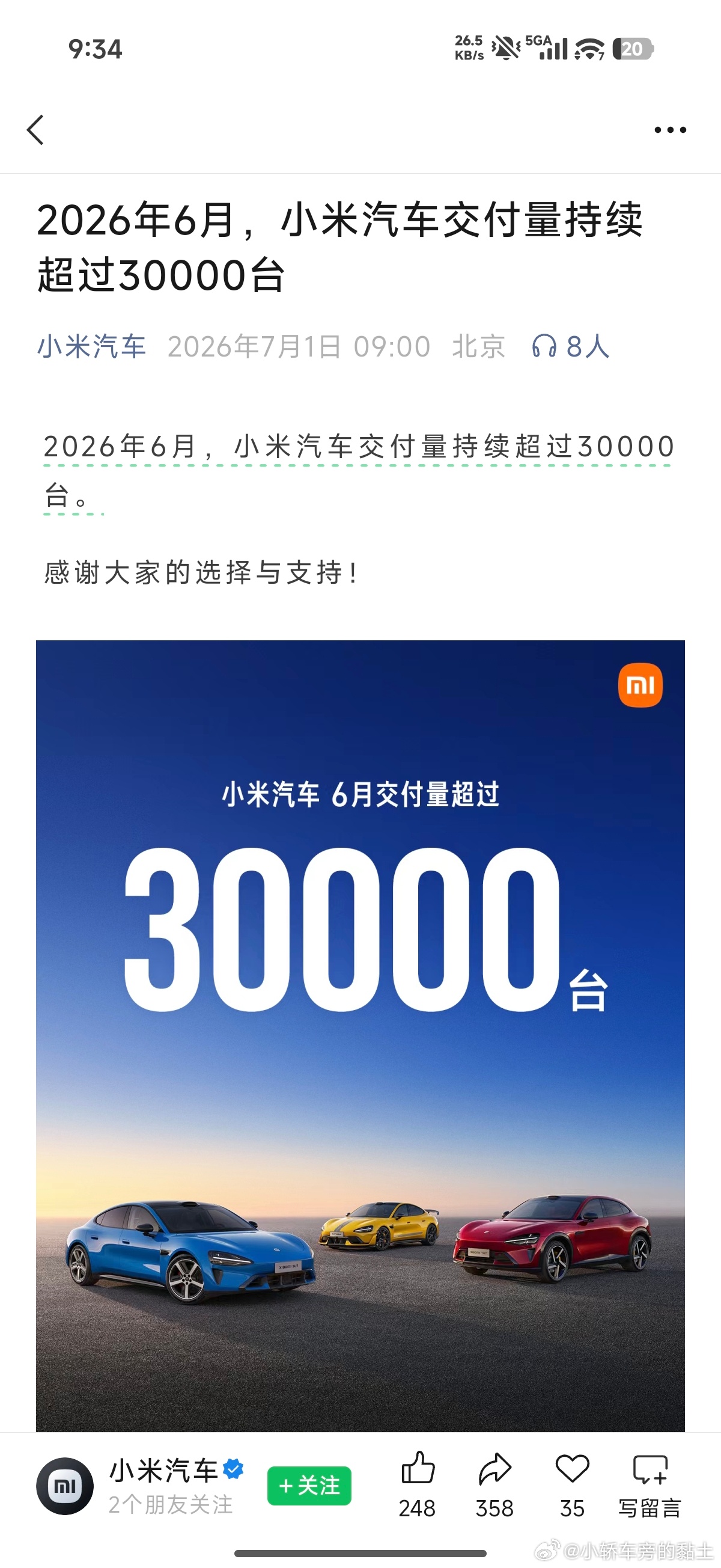7月1日一大早，小米汽车再次率先发布6月交付数据，销量依然突破30000台。这次
