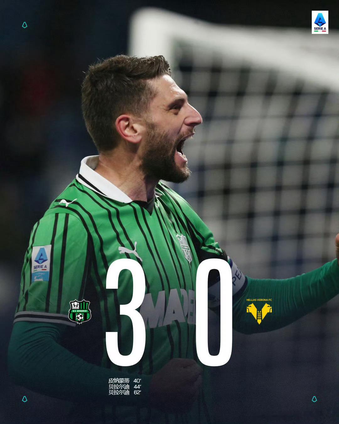 意甲:萨索洛3比0胜维罗纳 