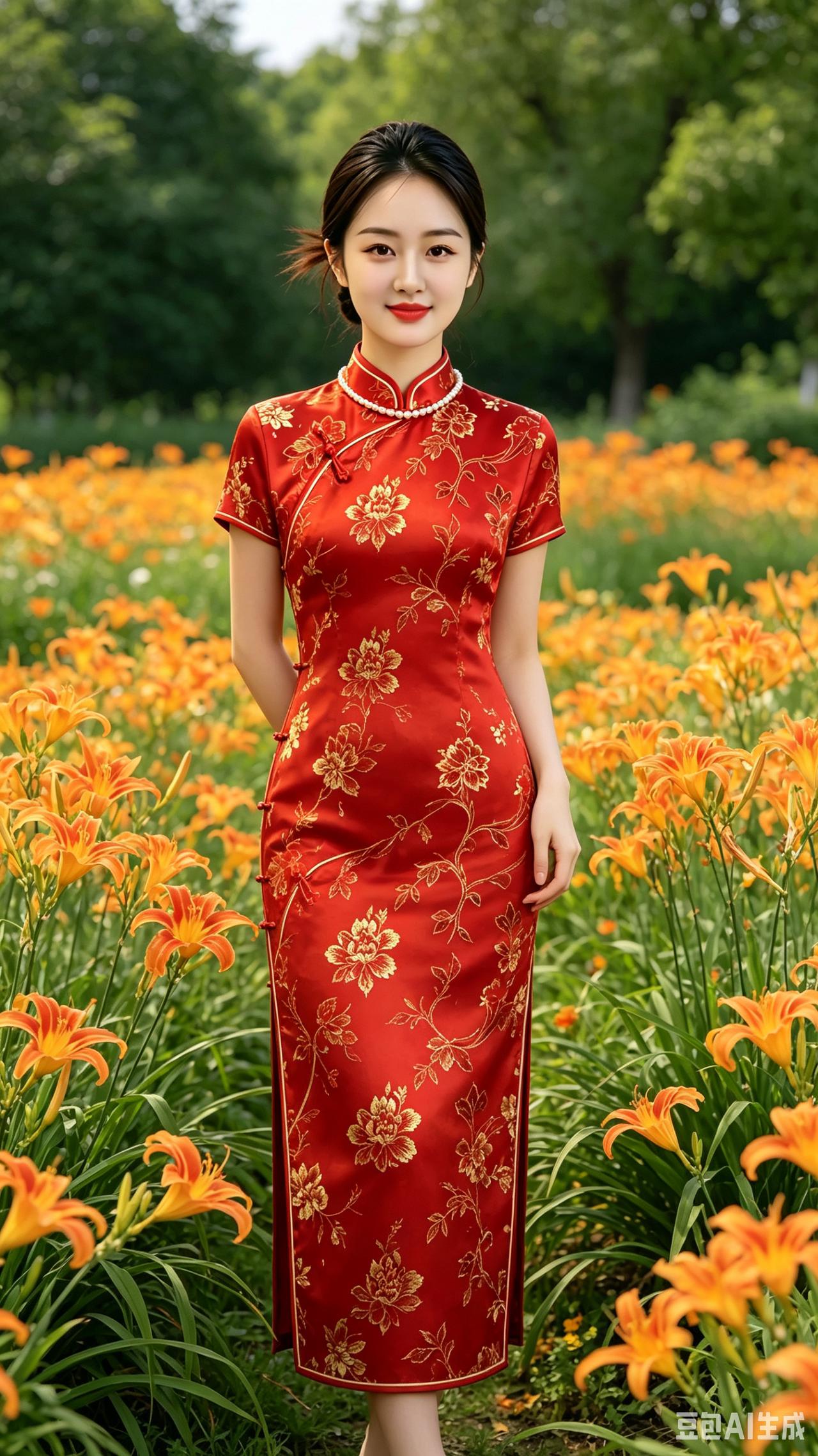 红衫佳人
 
金缕旗袍映俏颜，乌丝轻挽韵悠然。
朱唇浅笑藏温婉，珠链垂颈衬清妍。