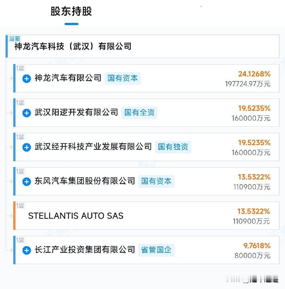 神龙汽车科技股东全部浮出水面，东风与斯泰兰蒂斯依然持股相当！

 
公司注册资本