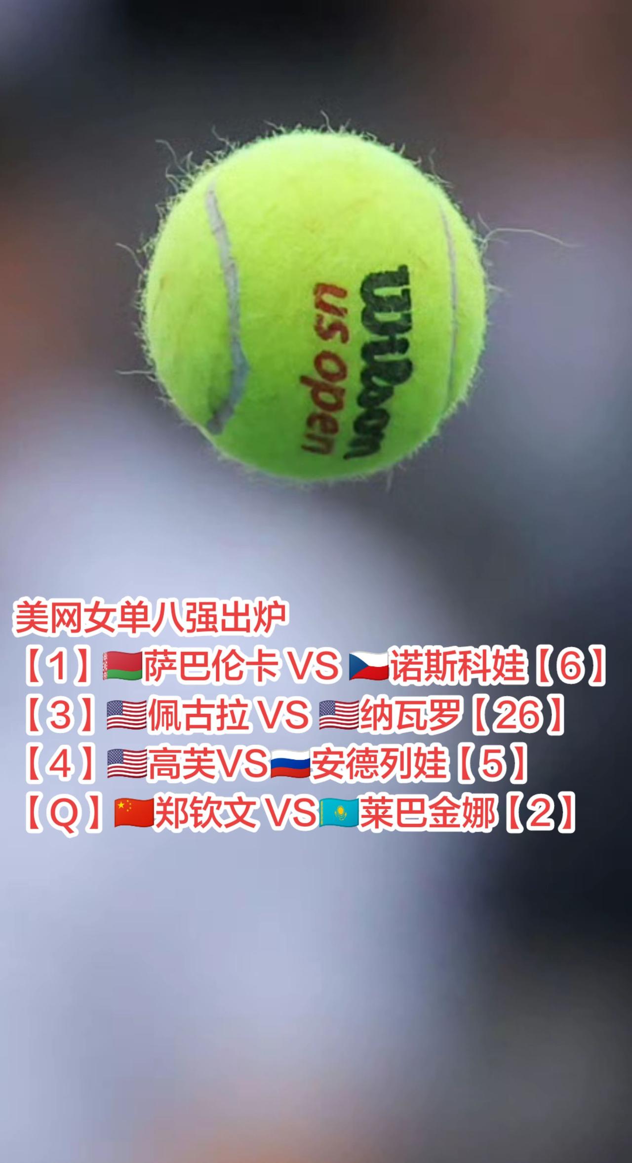 美网女单八强出炉
【1】🇧🇾萨巴伦卡 VS 🇨🇿诺斯科娃【6】
【3】?