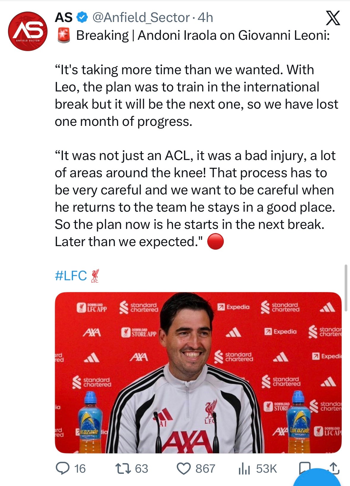 伊劳拉：“莱奥尼有反复，一个月后才能恢复训练，他不只是acl，膝盖周围也要重建。