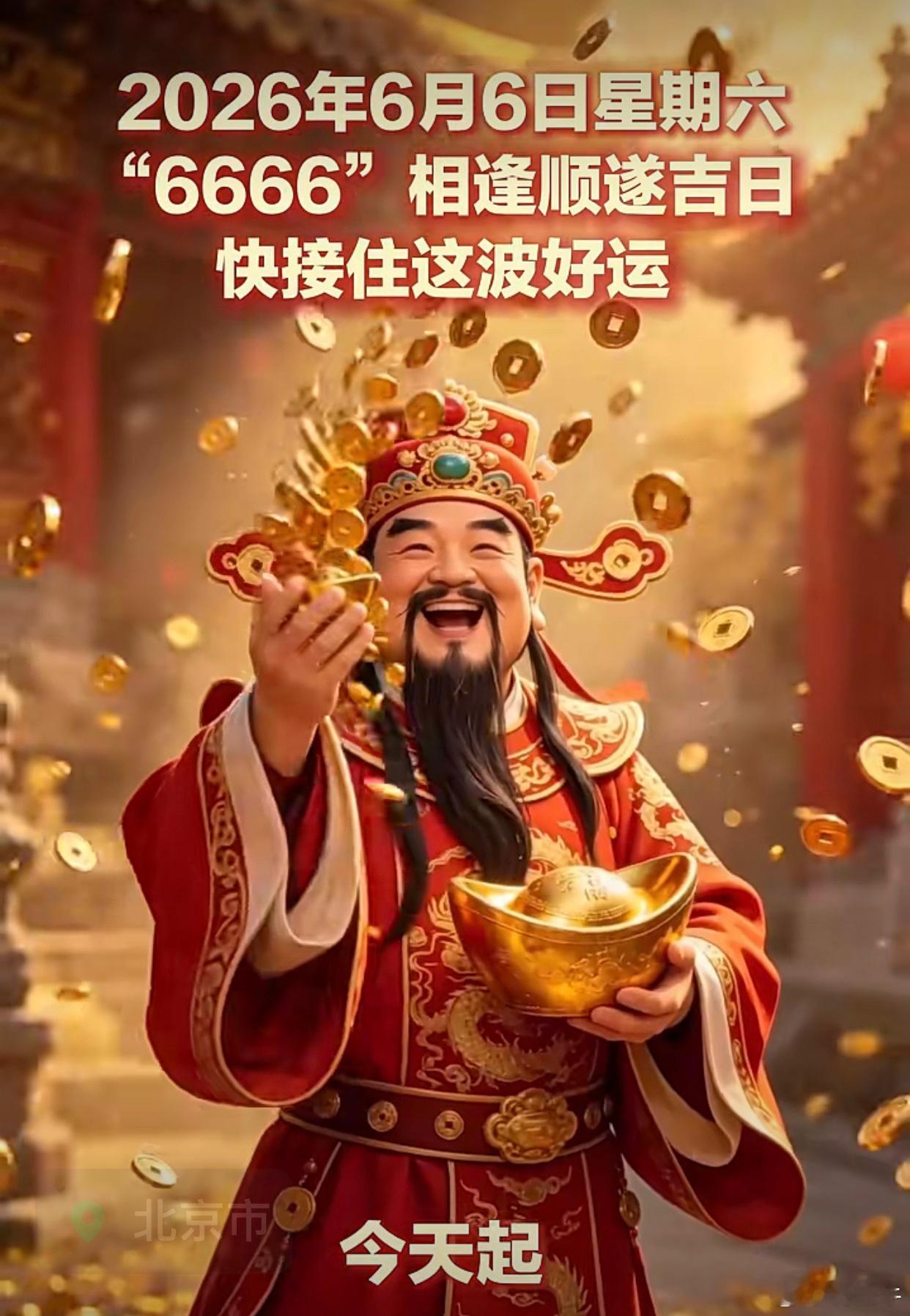 今天是6月6日星期6𝟮𝟬𝟮𝟲年6月6日星期六·祝大家顺风顺风顺财神发财点