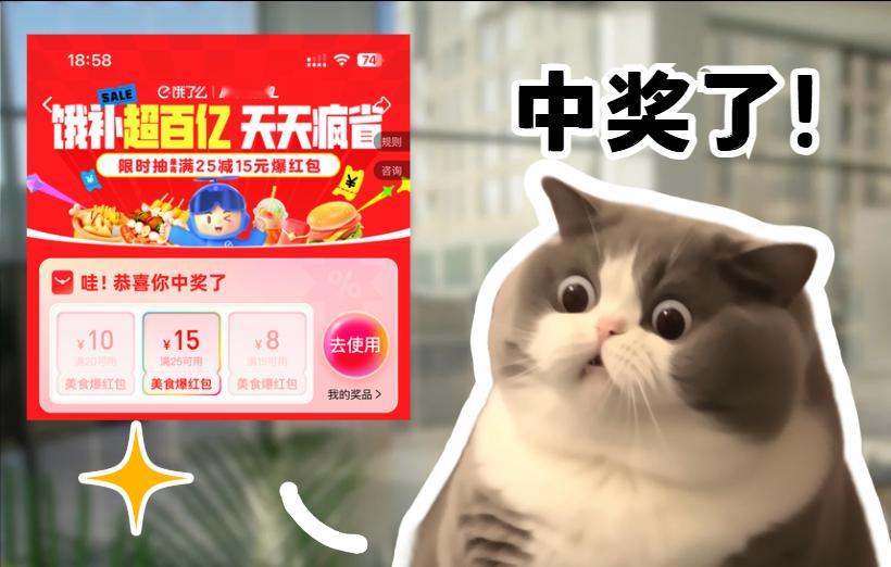 深夜追剧馋到不行，点开饿了么发现【超百亿】会场！运气爆棚抽到至高满25元减15元