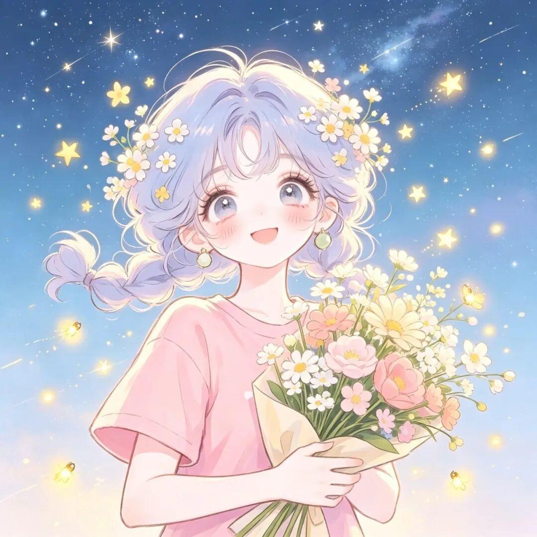 女生头像｜星光漫溢夜空，鲜花盛满欢喜