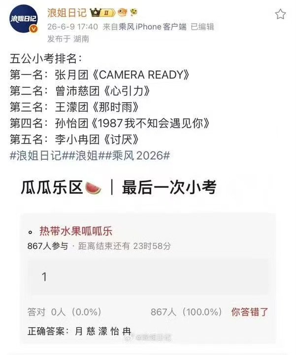 浪姐五公最后一次小考结果浪姐7最后一次小考成绩 浪姐7最后一次小考成绩，结果出来