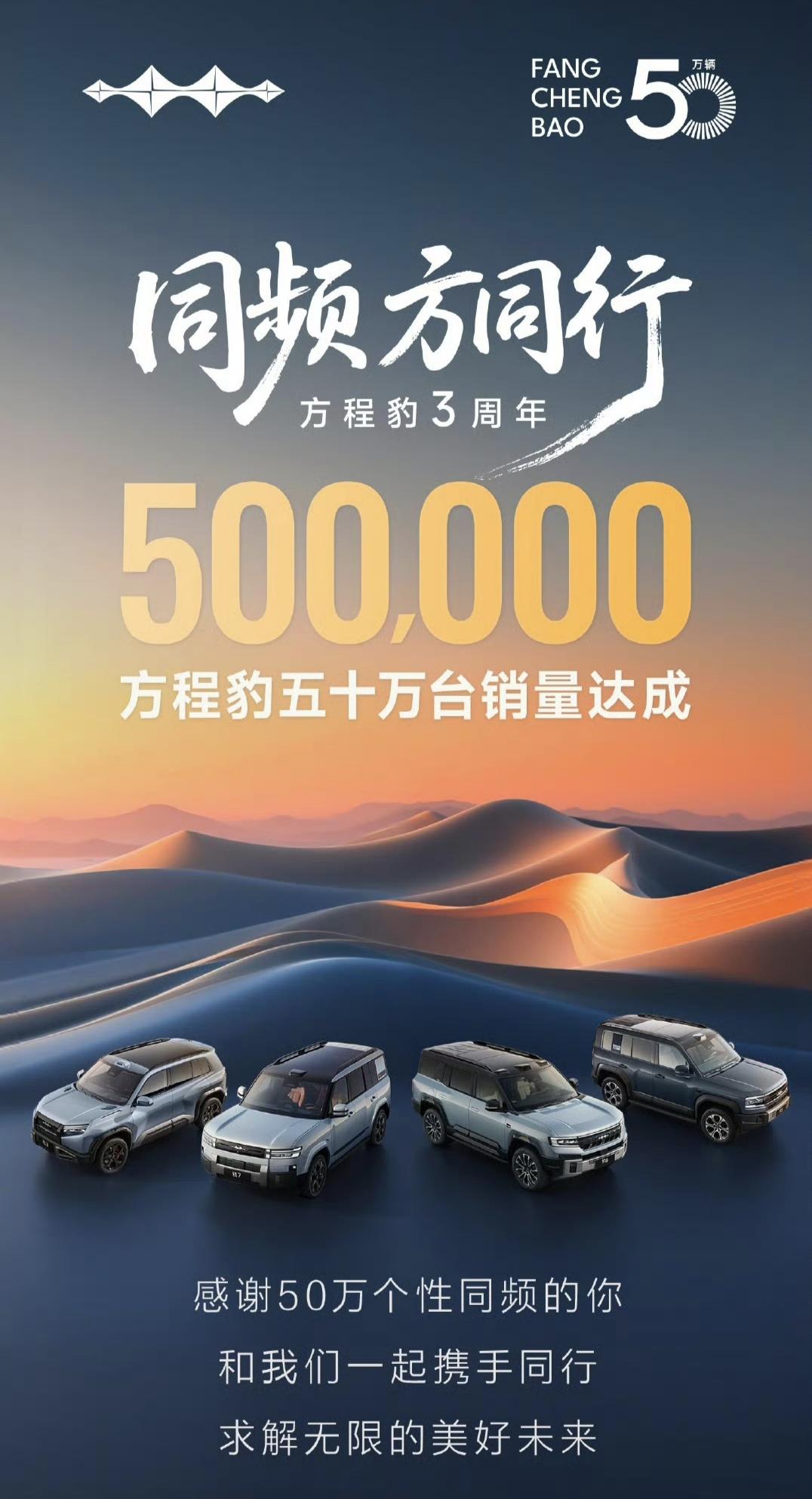 三年卖爆50万台，方程豹这增速真的像开了挂
 
今天方程豹迎来三周年，顺便官宣累