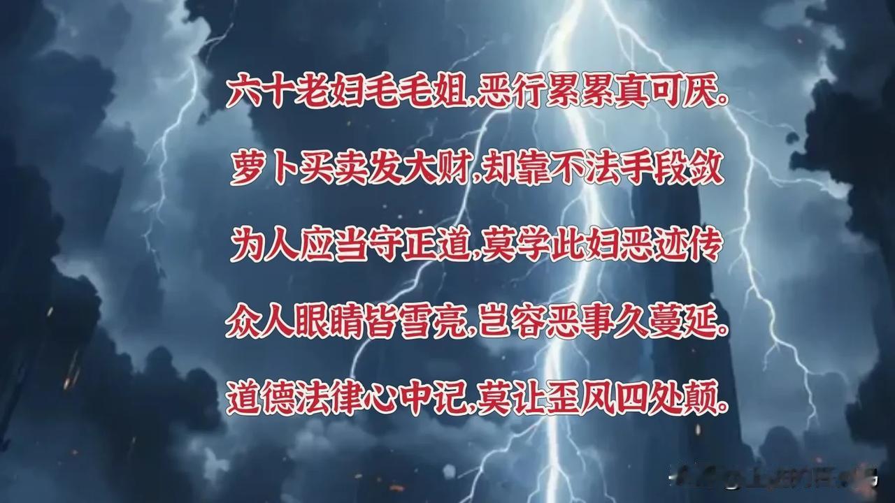 六十老妇毛毛贼，恶行累累真可厌。
自己难育健康儿，偷人之子坏心田。
非法集资疑被