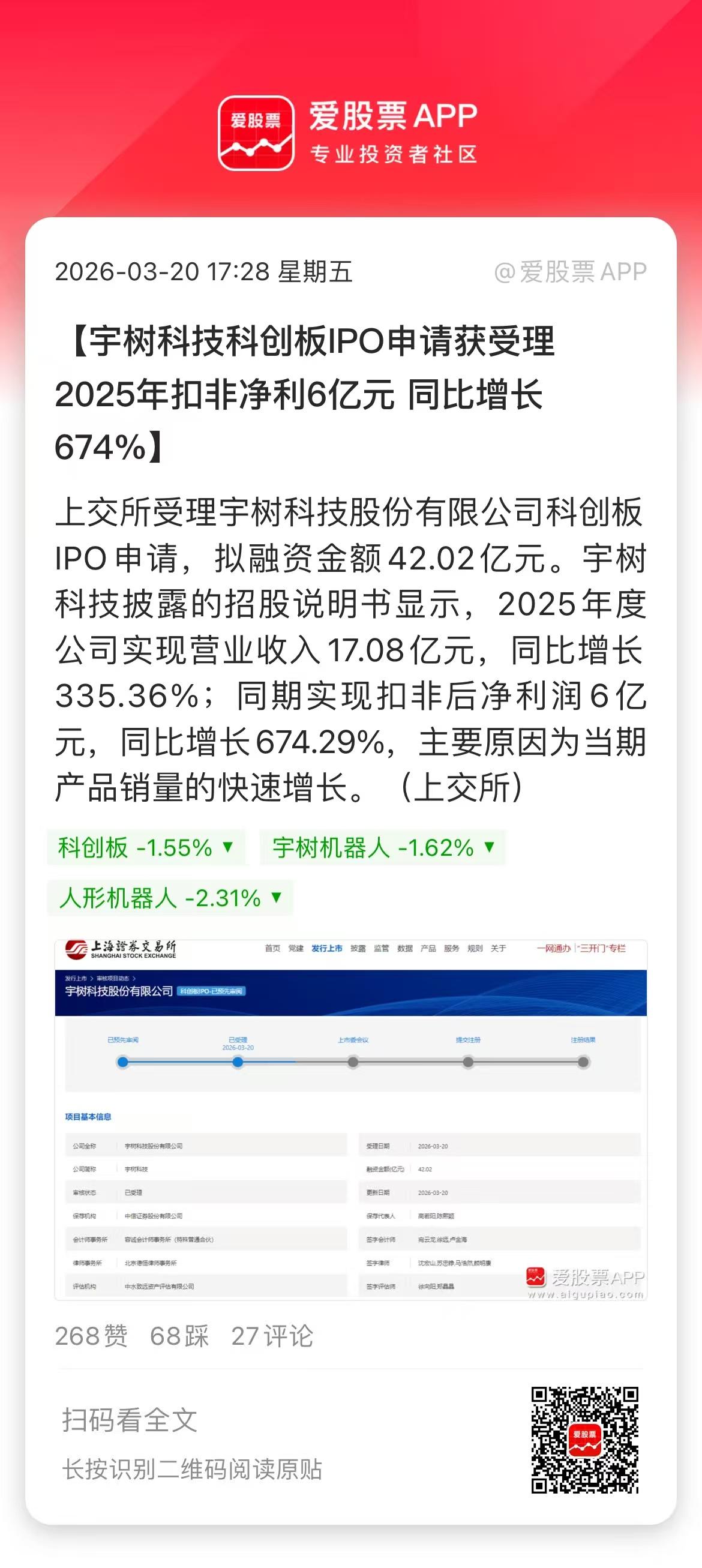 宇树科技科创板IPO申请获受理，融资42亿。A股人形机器人第一股要来了！
参照摩