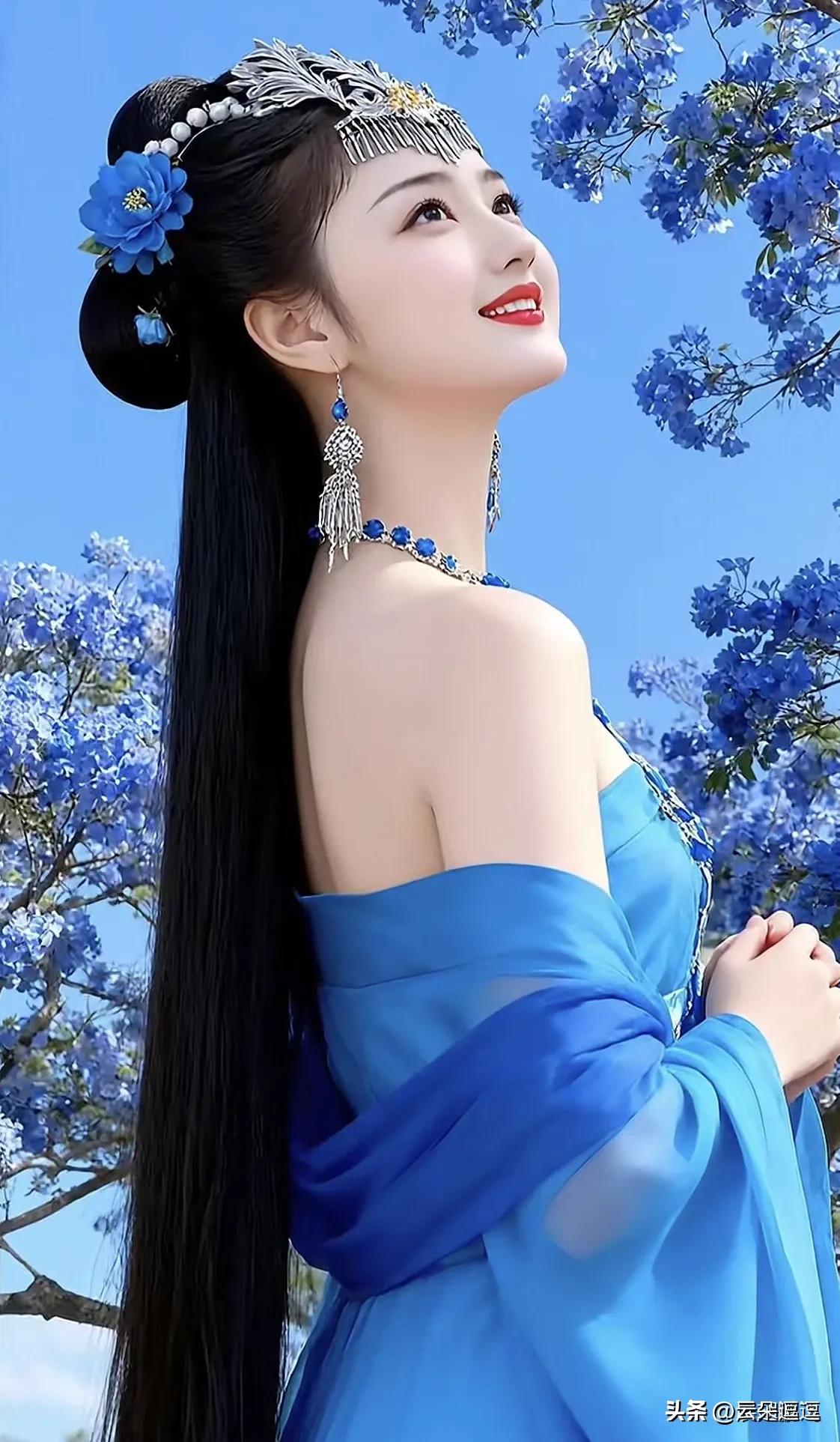 惊艳的汉服少女，蓝衣飘飘，花海中绽放！🌸💙