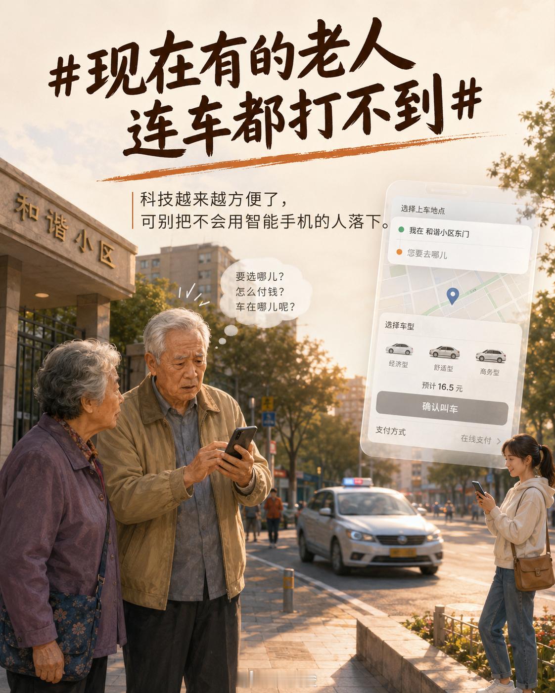 现在有的老人连车都打不到科技是越来越发达了，但是在某些方面对于老人是越来越不友好