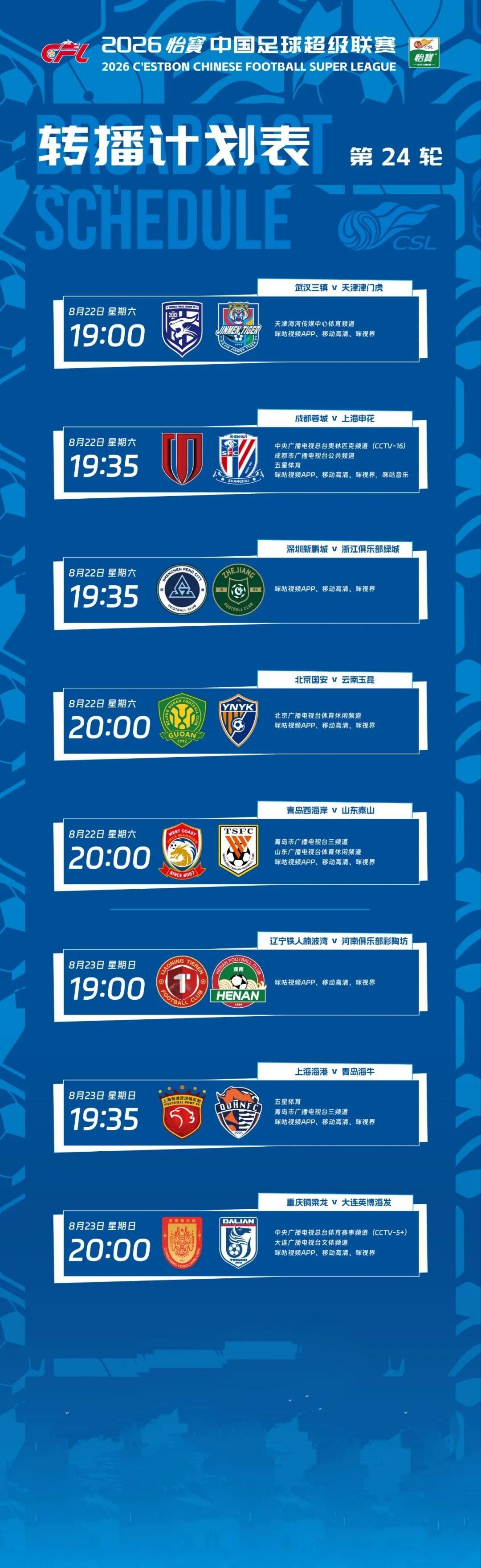 中超联赛第二十四轮将于8月22日一8月23日(本周六一周日)将全面展开，多家平台