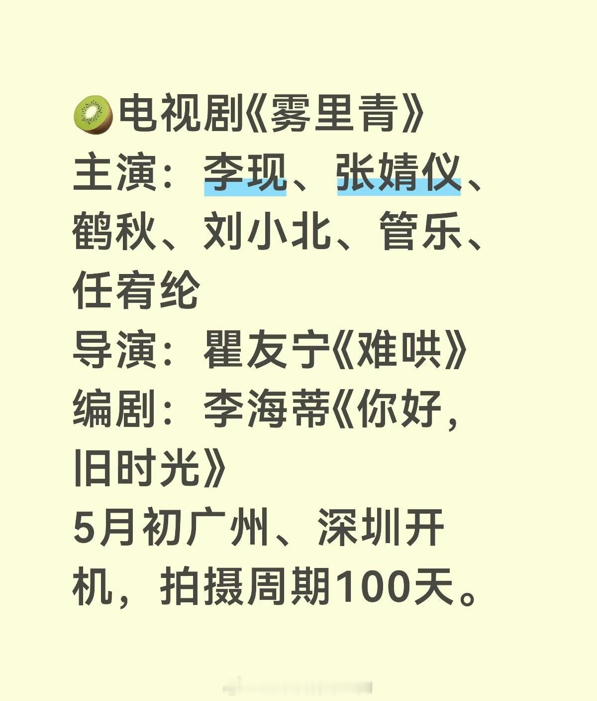 《雾里青》演员阵容出来了李现、张婧仪、鹤秋、刘小北，管乐、任宥纶 