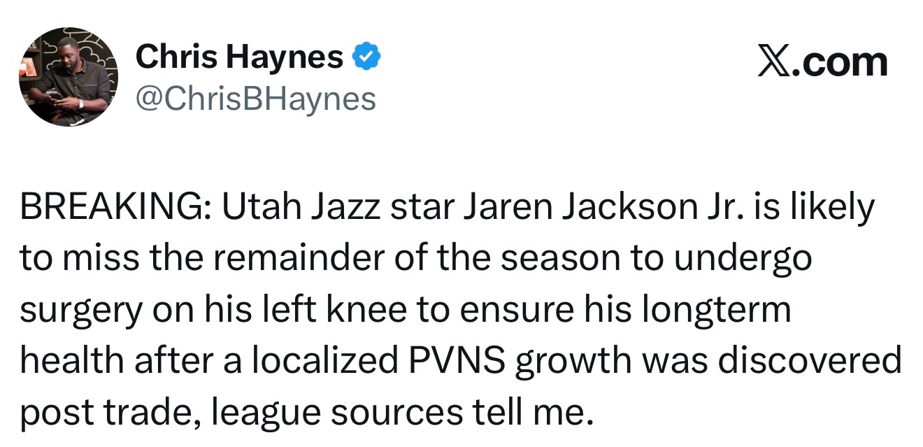 Chris Haynes：3J预计赛季报销！！！犹他爵士队球星小贾伦·杰克逊很可