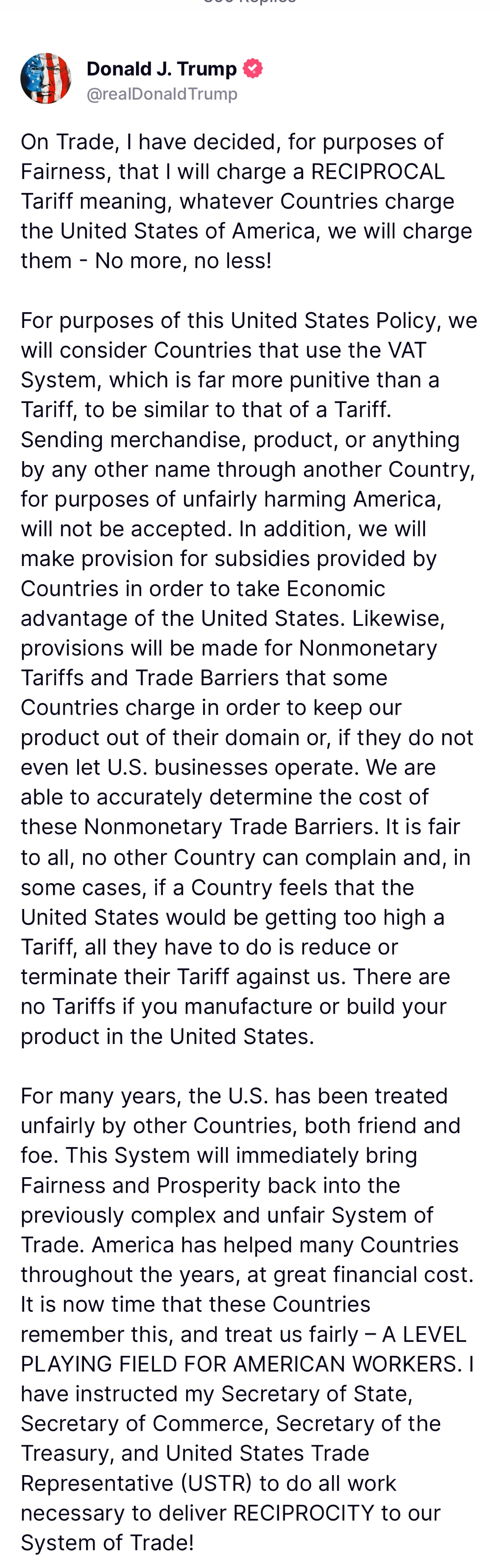 美国总统特朗普就实施互惠关税政策在社媒发表了一份声明，强调将对其他国家对美关税实