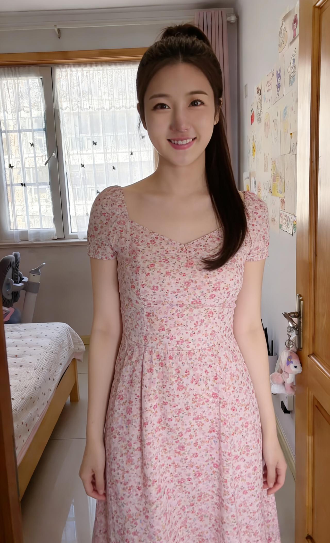 窗纱筛下的暖光，揉碎在碎花裙上
像把春日的蔷薇，缝进了棉布的纹路
她的马尾高高束