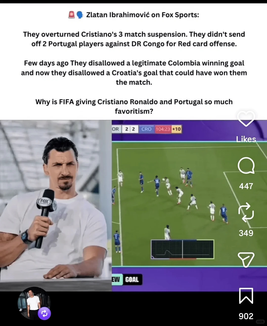 莱万质疑FIFA偏袒C罗葡萄牙莱万在Instagram上转发了一条动态，是伊布在