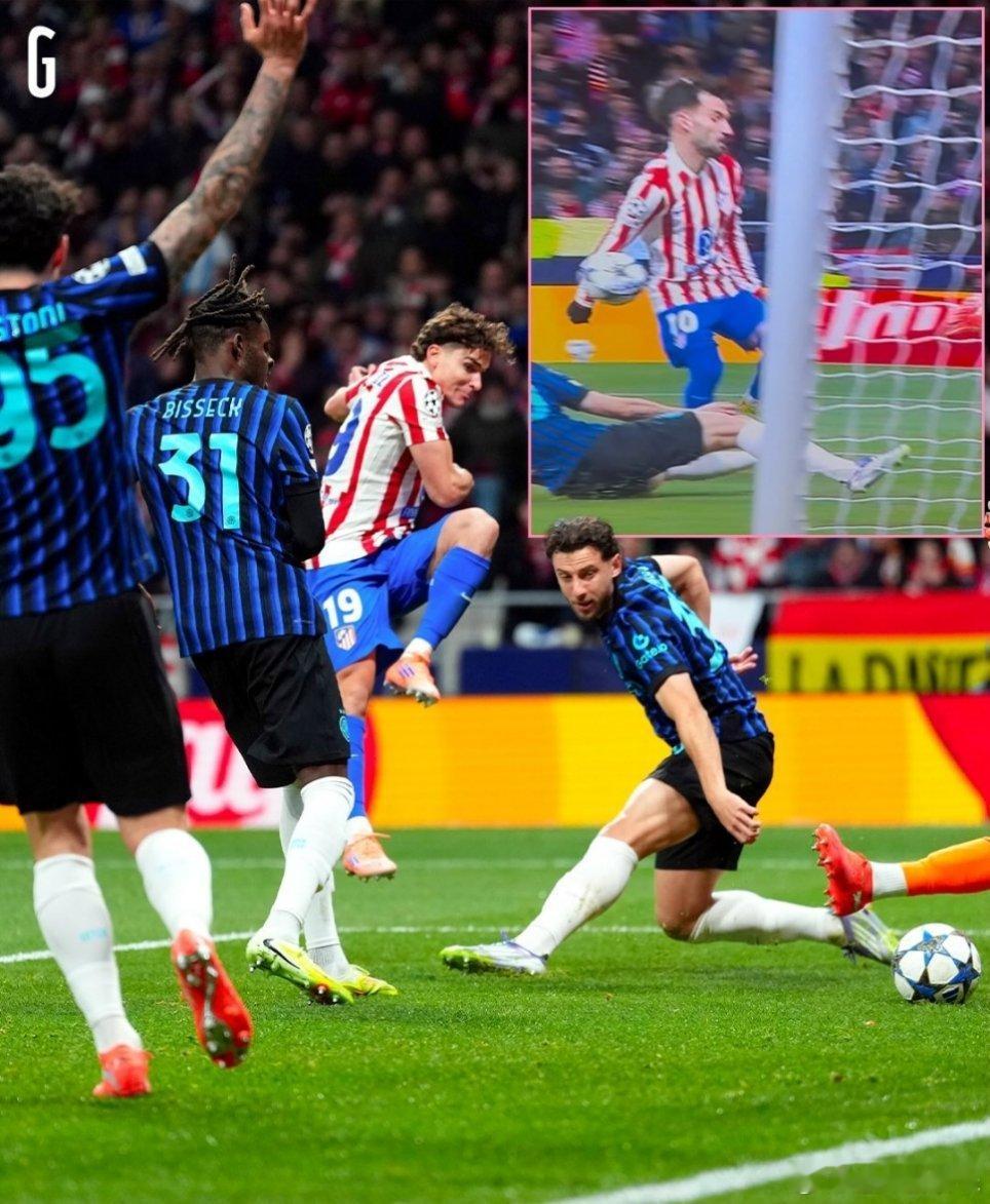 马德里竞技球员巴埃纳这次真没有手球吗？又成了悬案，受害者是国际米兰。国际米兰欧冠