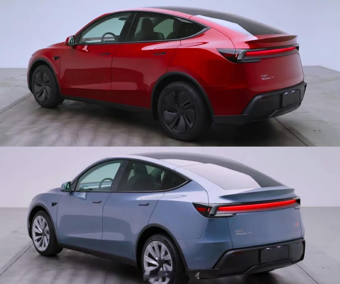 焕新 Model Y 烈焰红与冰河蓝的侧后方实拍图，都是要加钱的[二哈] 