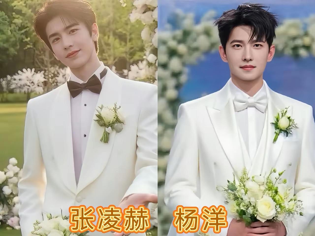 当一线男明星穿上白西装，哪个更俊朗潇洒？哪个更像你心目中的白马王子？
和黑西装不