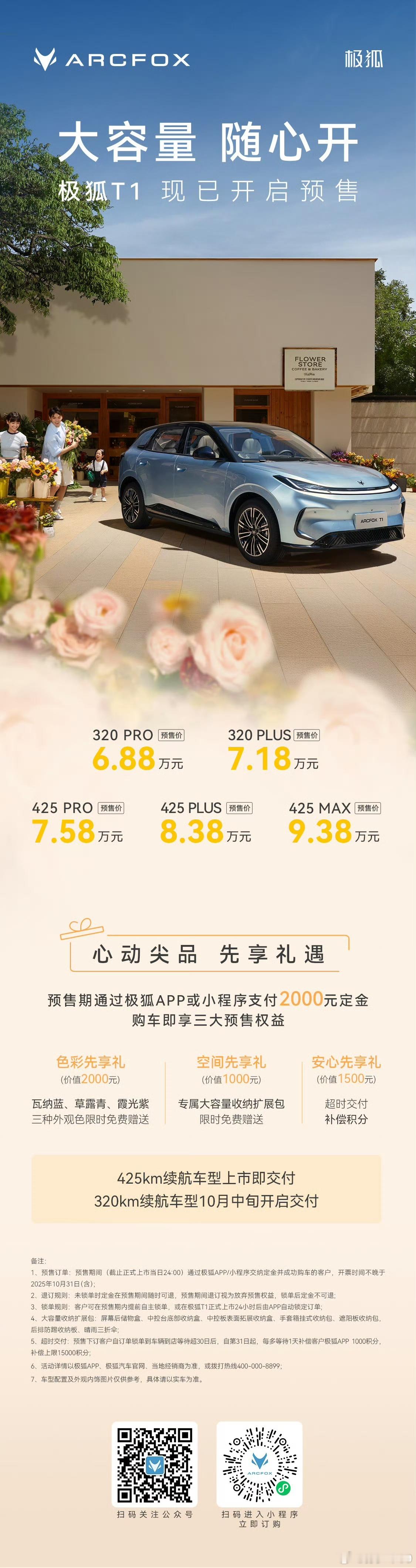 极狐T1预售起步价6.88万起，425km续航车型上市即交付，320km续航车型