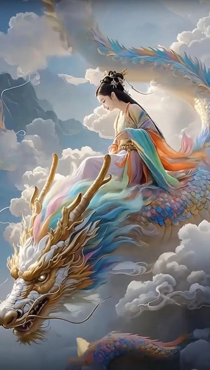 仙气飘飘的仙女骑龙图，梦幻唯美！🌹🐉神话梦幻好美 仙女下凡仙