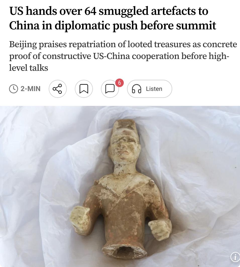 外媒：美国近日向中国返还一批文化遗产，以推动两国关系改善。

中国驻美使馆举行交