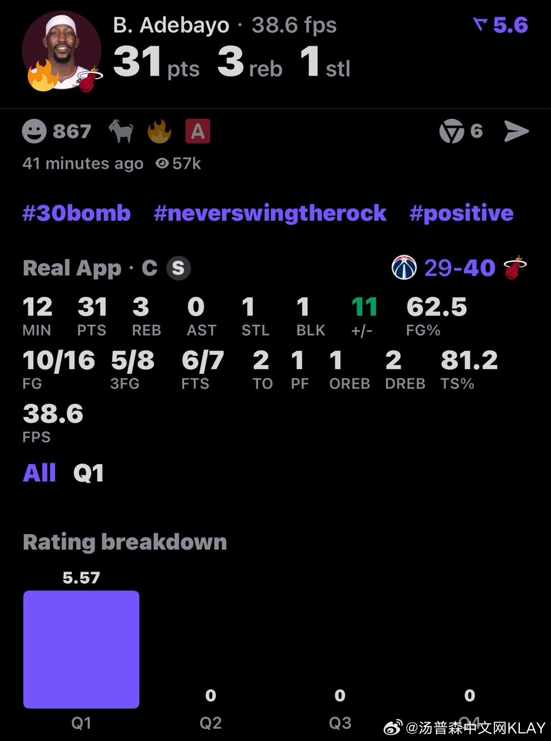 隔壁热火主场打奇才，阿德巴约单节31分🔥单节31分，看着已经非常厉害了，那么单