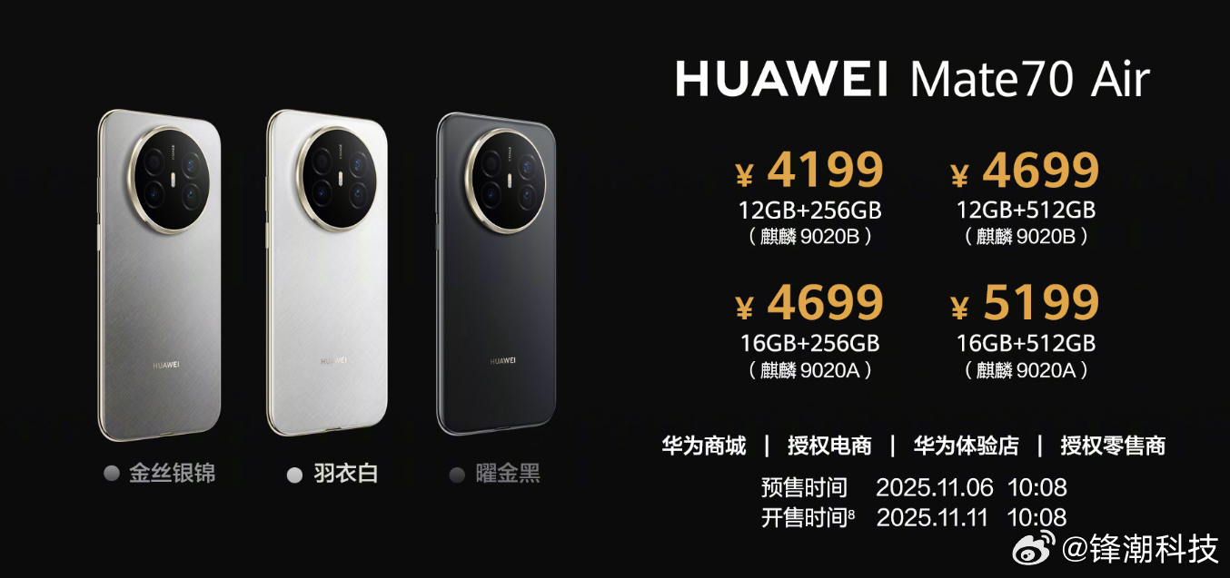 华为Mate70 Air价格4199起。处理器不一样，分麒麟9020B和麒麟90