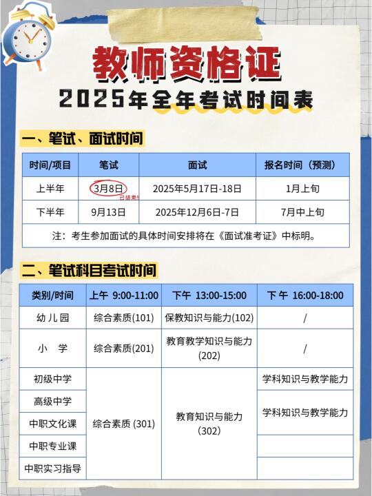 2025年教师资格证全年考试时间表