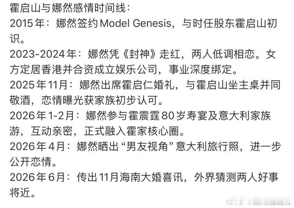 霍启山娜然感情时间线 网传俩人11月举办婚礼，还以为娜然拍了封神以后才认识没想到