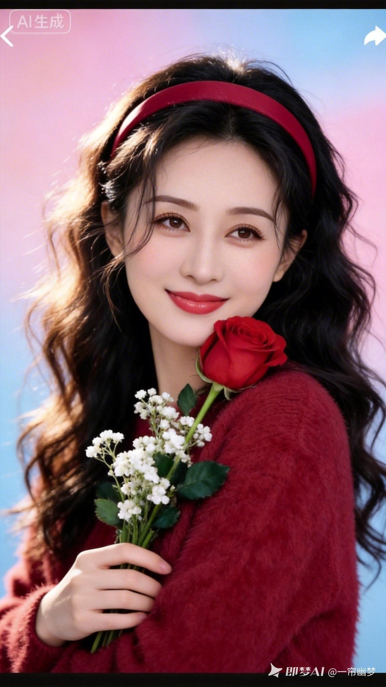 温柔红发少女，手捧红玫瑰，微笑如花🌹💕