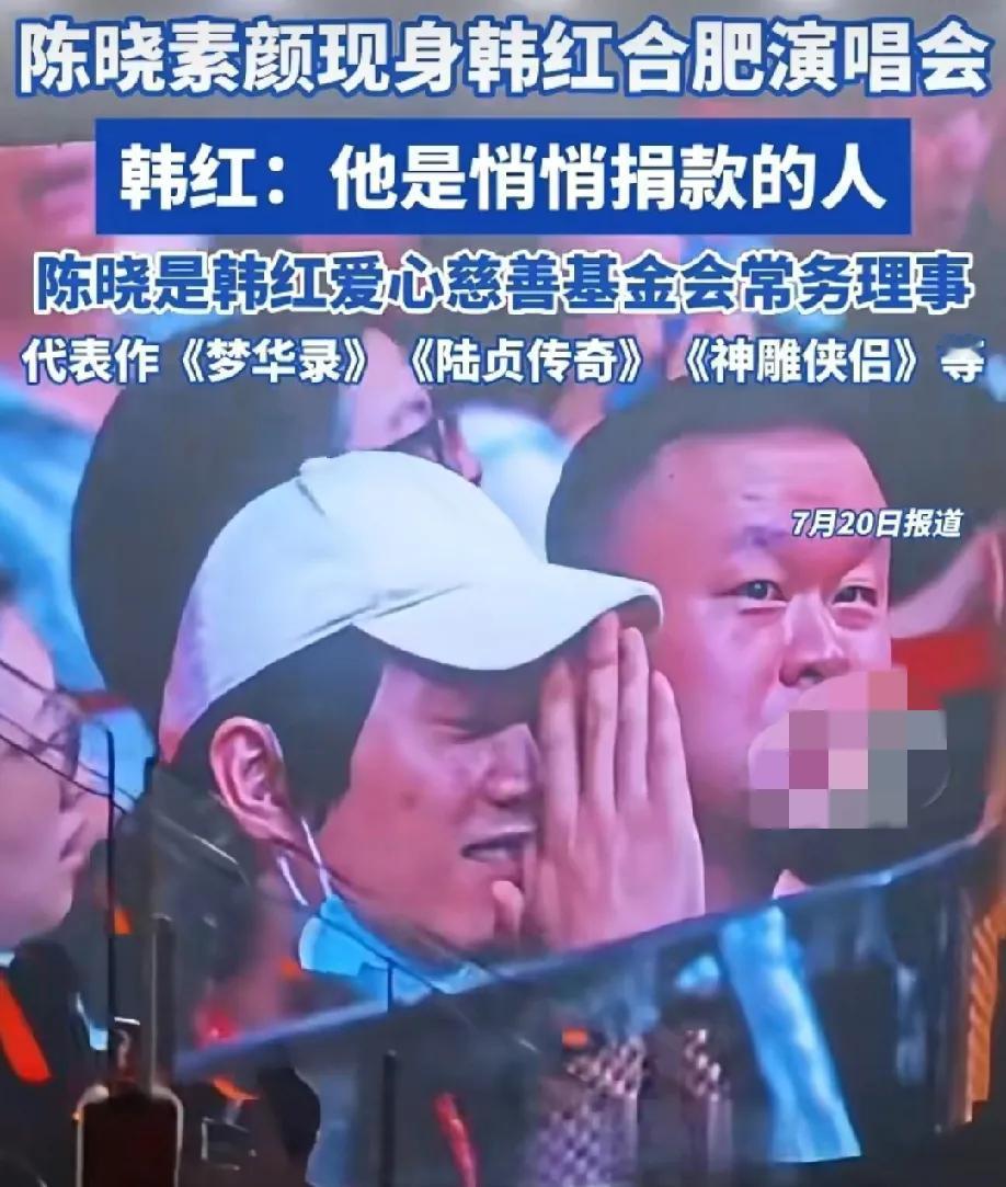 陈晓素颜现身韩红演唱会，陈晓和韩红是多年的好友，韩红演唱会在合肥举办，正好在合肥