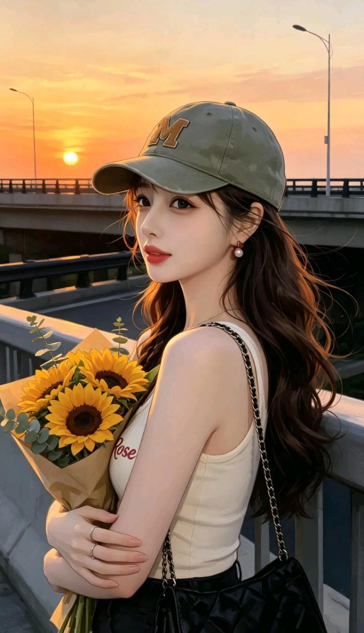 一个戴帽子的女孩拿着花站在桥上。女人要有高级感,什么是高级感呢? 女生的高级气质