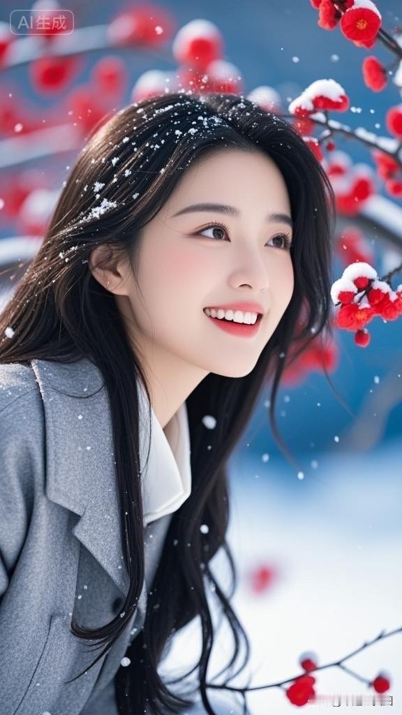 冬日暖阳下，少女微笑如花绽