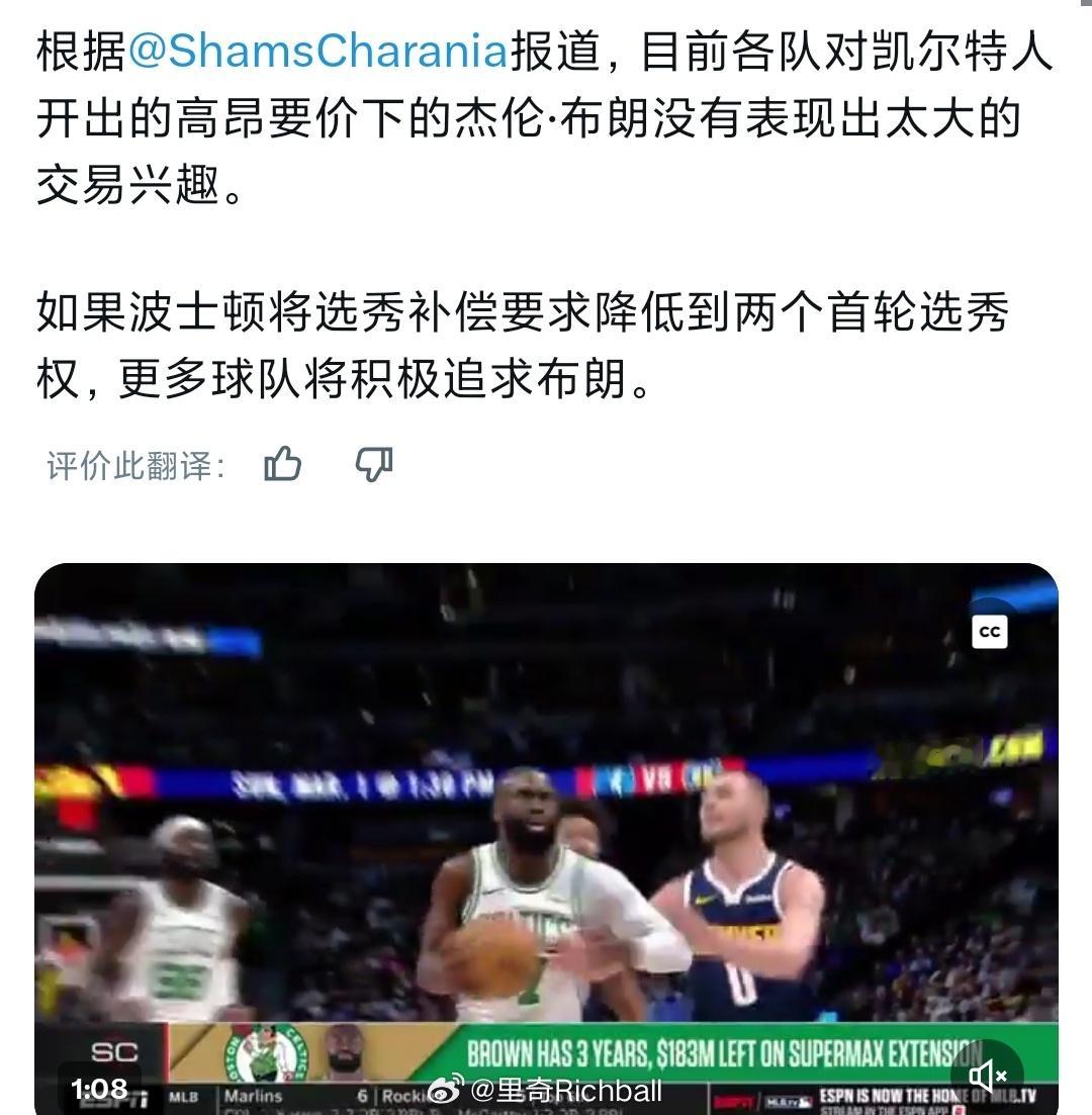 目前凯尔特人对杰伦布朗要价过高，很少球队愿意接盘nba交易