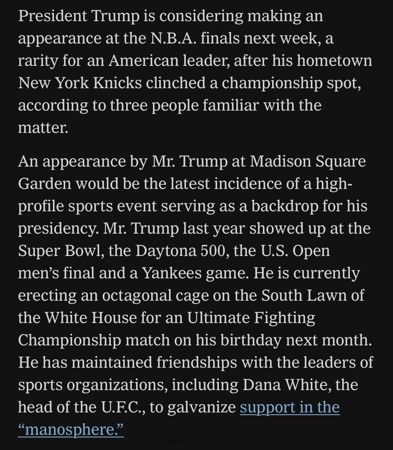 作为尼克斯球迷，川普考虑下周到麦迪逊广场花园看NBA总决赛。海外新鲜事热点现场n